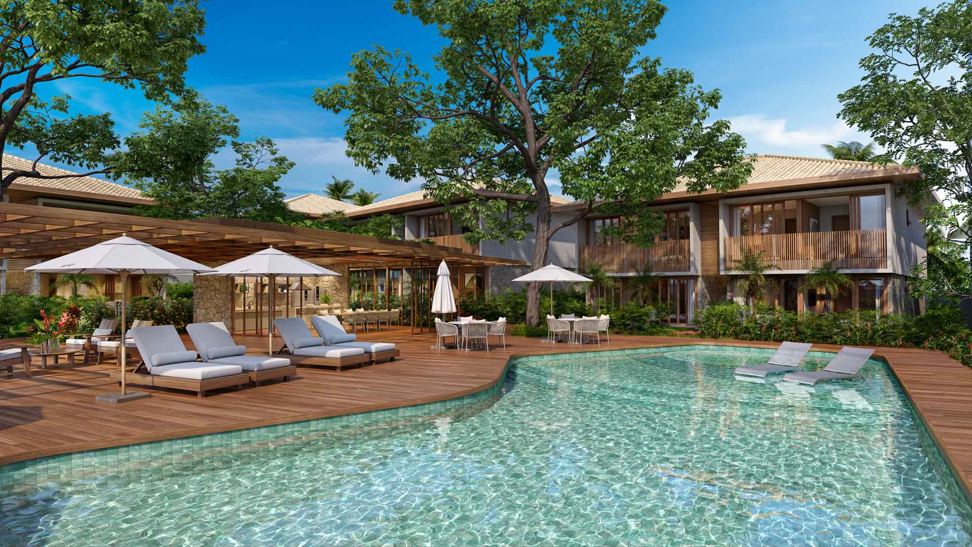 Vista da piscina e espaço gourmet